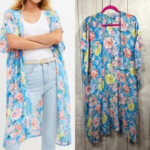 LOFT Blue Floral Open Front Kimono Cardigan M/L Lightweight Layering Cottagecore
